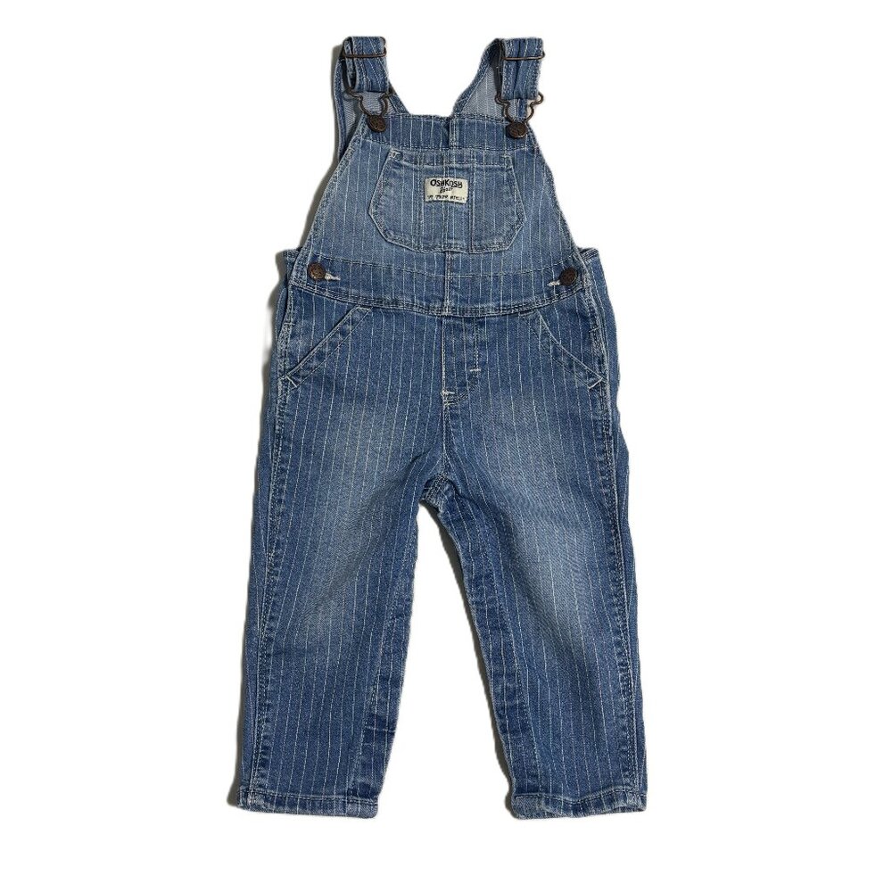 OshKosh B’Gosh 12M Girls Rainbow Pinstripe Denim Overalls Retro Faded Blue